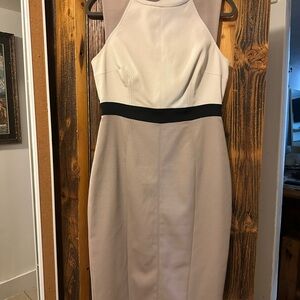 Karen Millen Cream Sheath Midi Dress Mock Neck